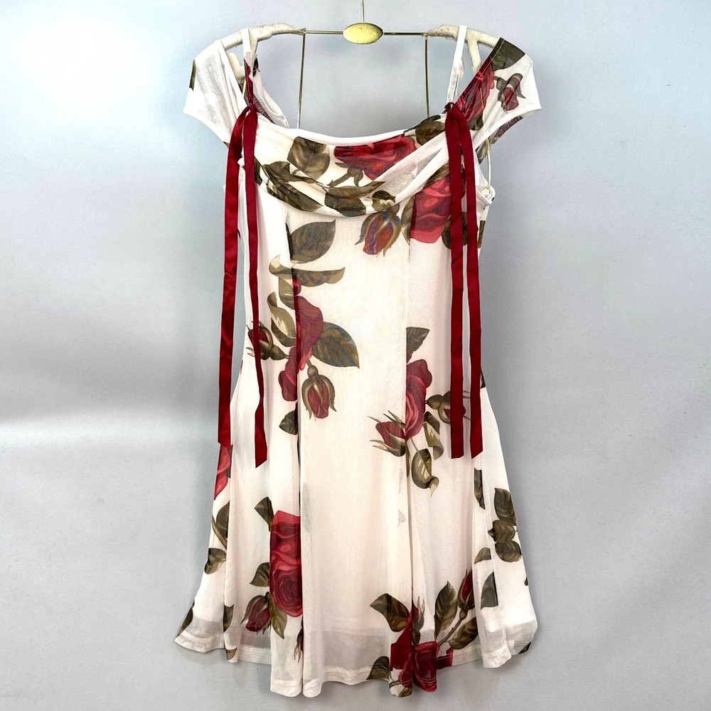 No Comment Sheer Mesh Rose Floral Dress Cowl Neck Ribbon Tie Mini White Red S